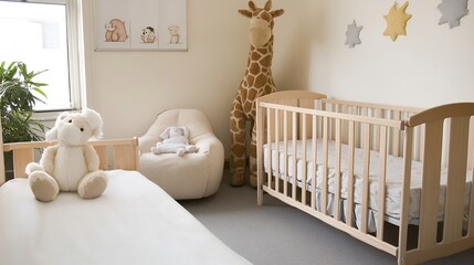 Cozy Nursery with Giraffe Stuffed Animal and Cribs for Twins : Generative AI