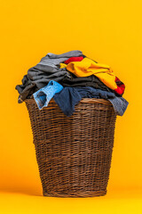 A tilted perspective of a cluttered laundry basket being organized, highlighting the transformation from mess to order,
