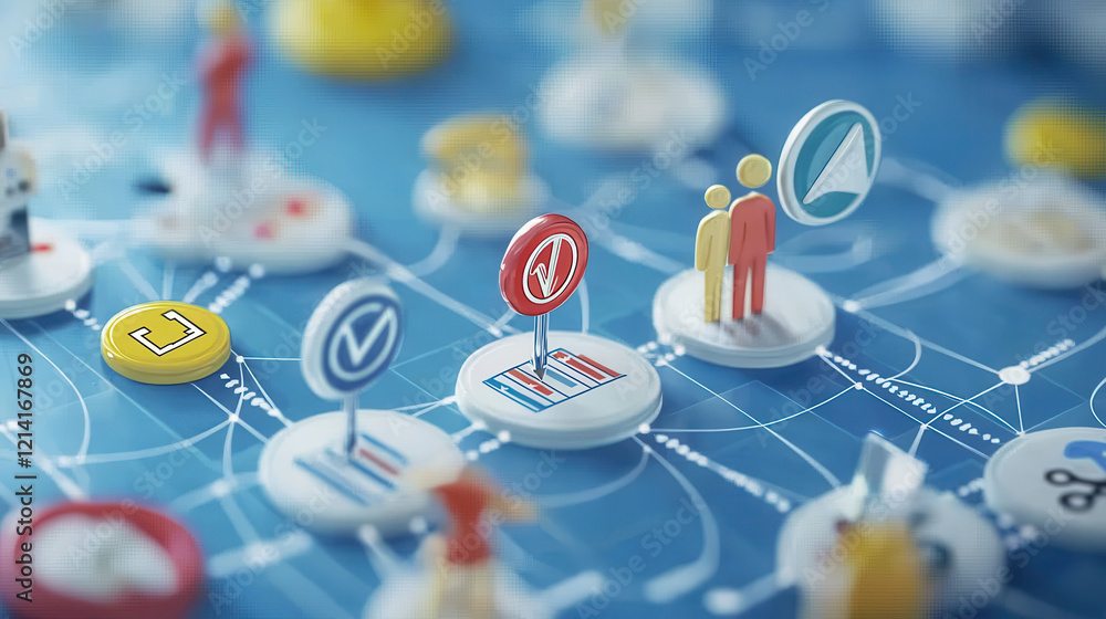 Poster realistic flowchart illustrating decision making steps with icons and symbols, showcasing connection