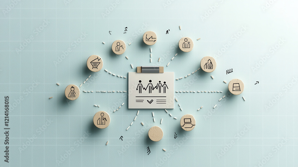 Poster flowchart illustrating steps for selecting team members with icons representing various roles and ta