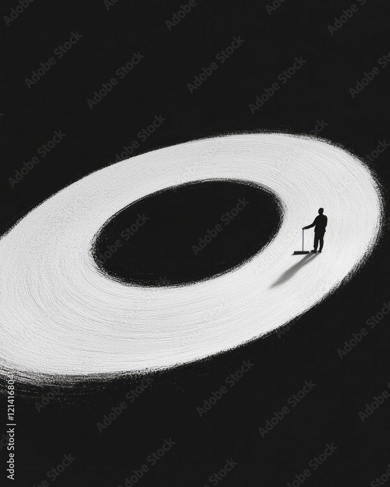 Poster a dynamic overhead shot of a person sweeping the floor in a circular motion, creating a sense of rhy
