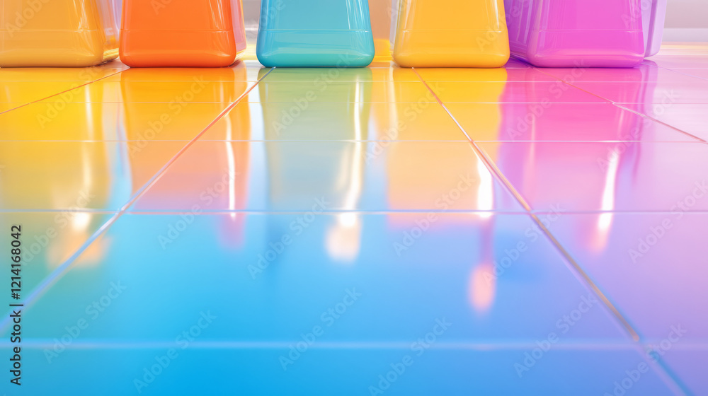 Poster an abstract reflection of cleaning supplies in a glossy floor surface, creating a visually intriguin