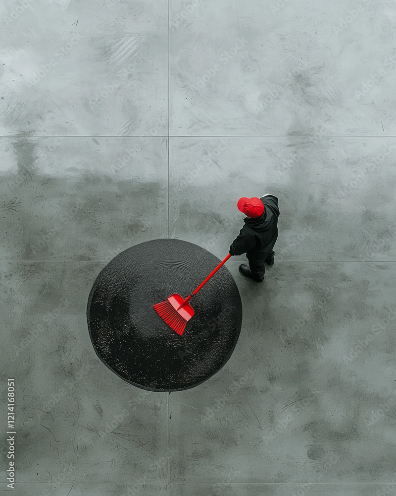 Poster a dynamic overhead shot of a person sweeping the floor in a circular motion, creating a sense of rhy