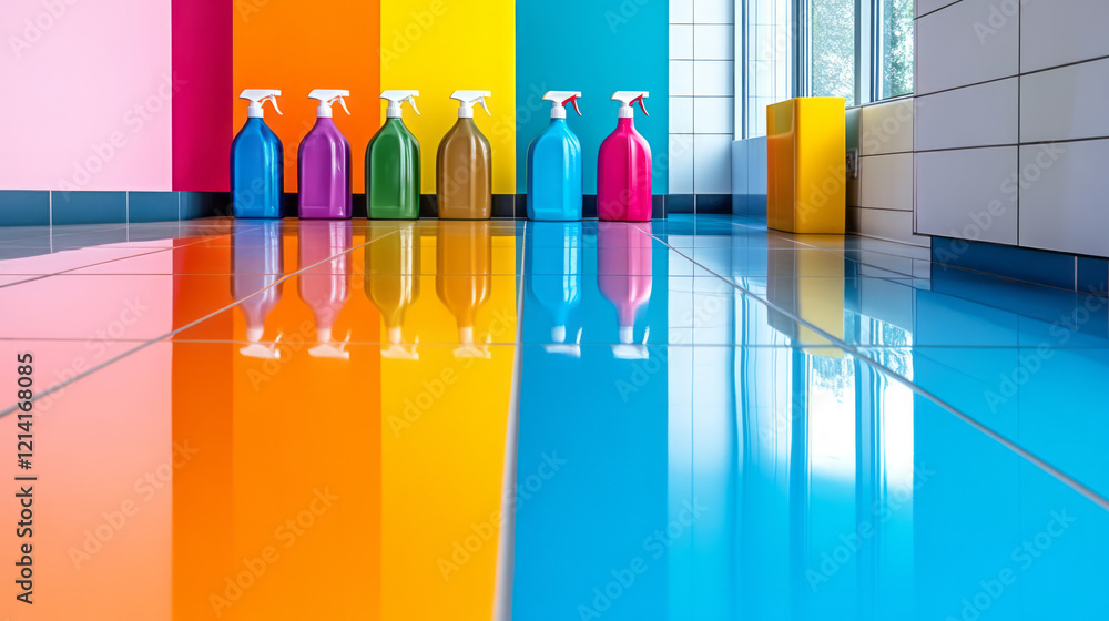 Poster an abstract reflection of cleaning supplies in a glossy floor surface, creating a visually intriguin
