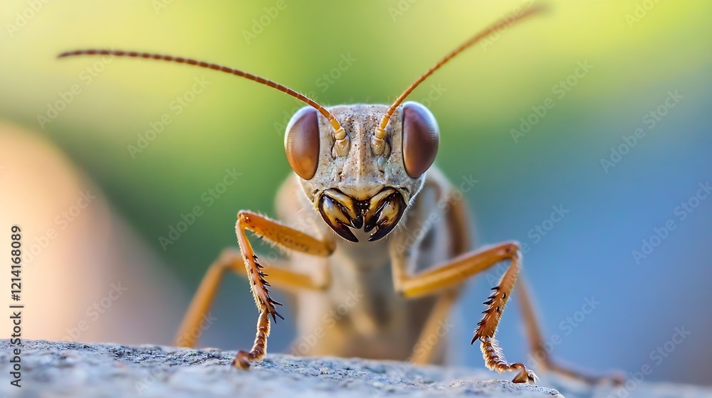 Poster closeup of grasshopper with intense focus on big eyes and antennae in natural light : generative ai