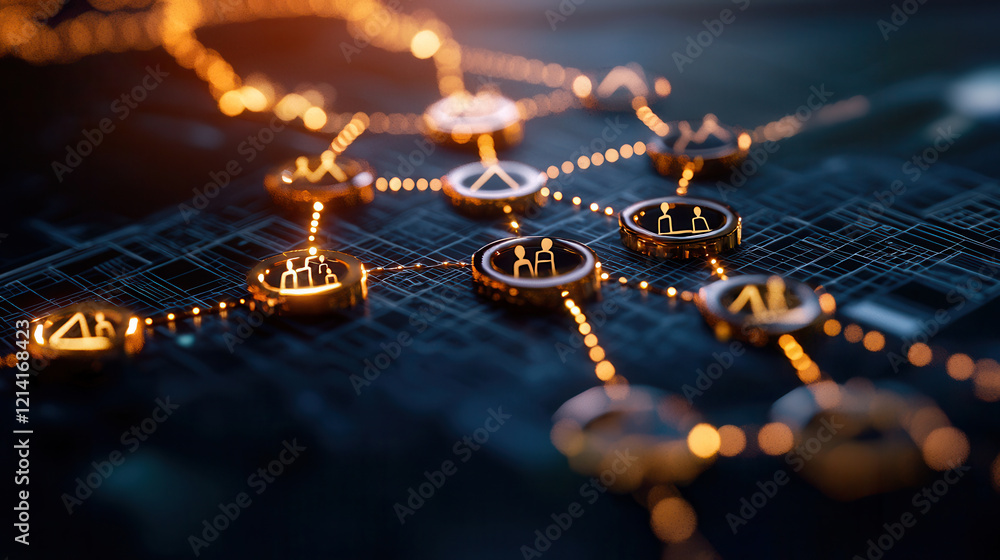 Poster digital network flowchart illustrating connections and interactions among users, showcasing technolo