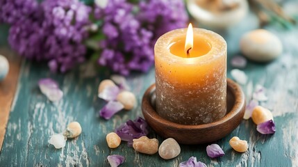 Cozy Aromatic Candlelit Scene with Lilac Flowers on Rustic Wooden Table : Generative AI