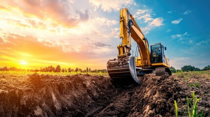 excavator digging trench in rural field for construction project, heavy equipment used for land development and infrastructure installation in agricultural area