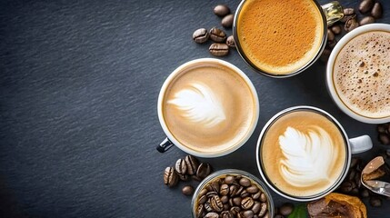 Variety of Hot Coffee Drinks with Latte Art on Slate Background : Generative AI