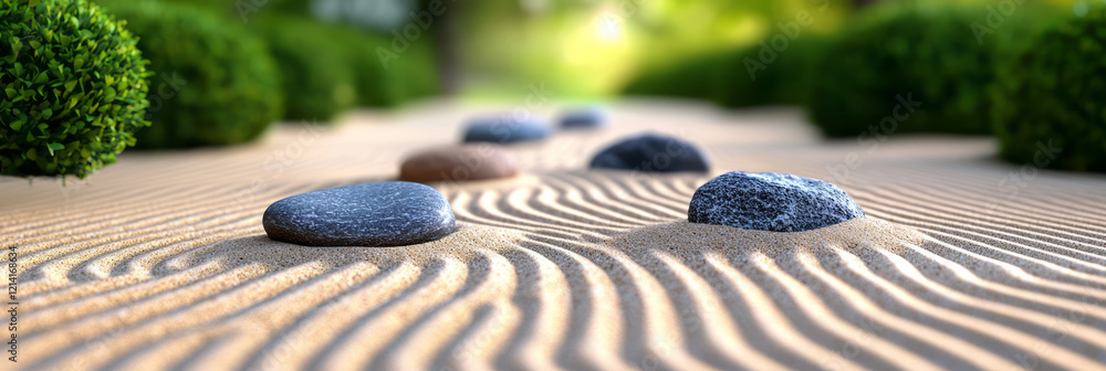 Poster creative tilt-shift photograph of a zen garden, focusing on sand patterns and strategically placed r