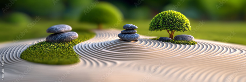 Poster creative tilt-shift photograph of a zen garden, focusing on sand patterns and strategically placed r
