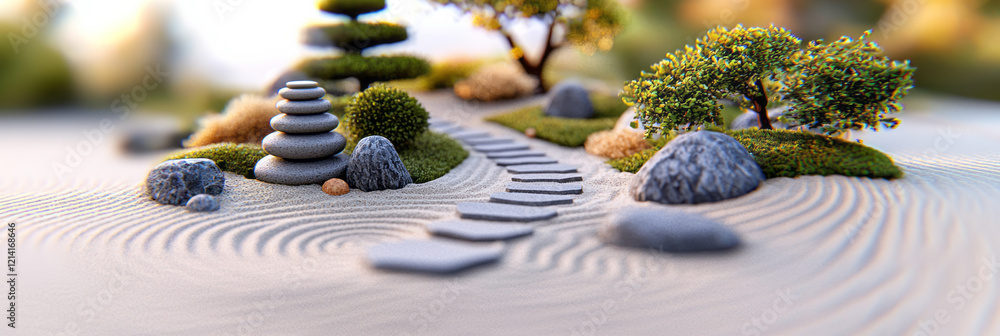 Poster creative tilt-shift photograph of a zen garden, focusing on sand patterns and strategically placed r