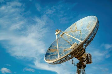 Large satellite dish is pointing towards the sky on a beautiful day