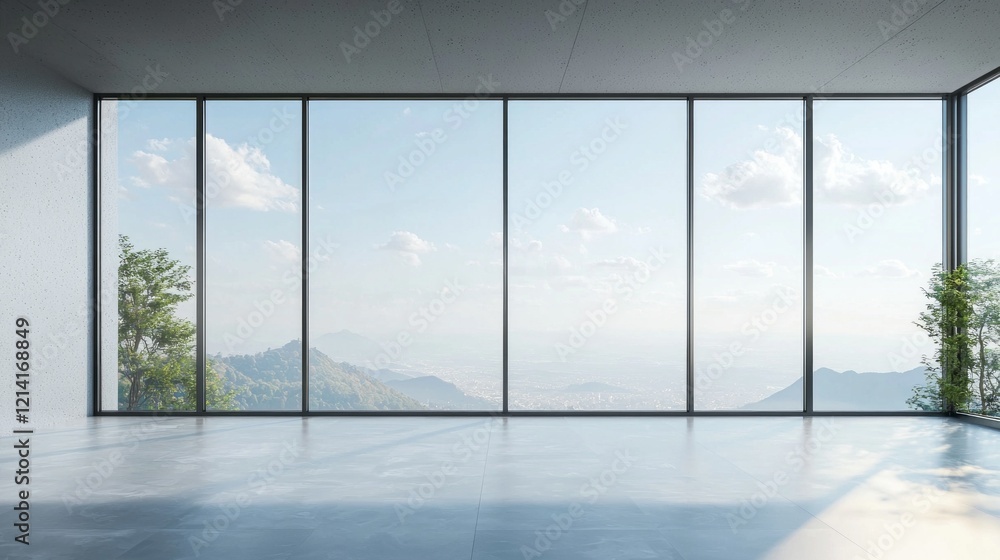Poster a spacious interior features a stunning double glazed aluminum window that frames a panoramic view o
