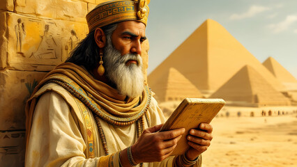 Fototapeta premium Ancient Pharaoh Reading Near the Pyramids of Giza