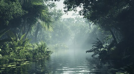 Fototapeta premium A serene tropical jungle background with mist hovering above the forest floor.