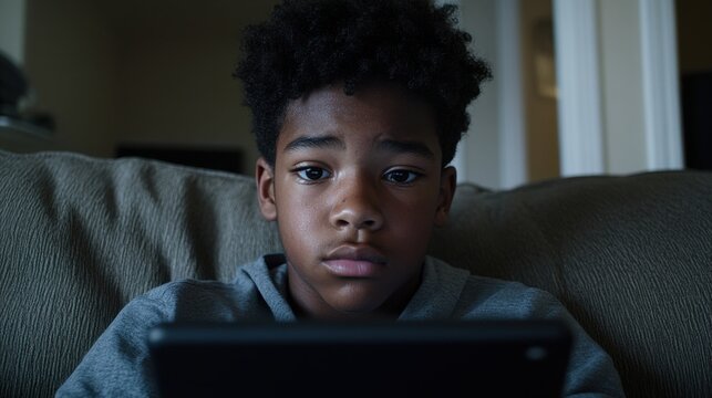 Young African American Child Boy Engaged with Technology on Tablet in Cozy Home Environment