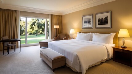 Luxurious Modern Hotel Room with Elegant Furnishings and Window View : Generative AI