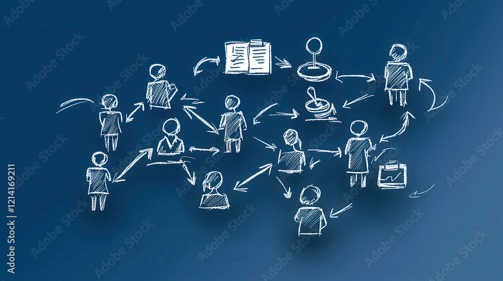 Poster flowchart illustrating steps of process with interconnected figures and arrows, conveying sense of c
