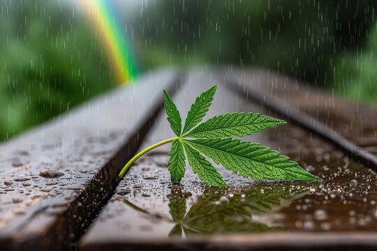Raindrops on a cannabis leaf resting on a wooden surface with a rainbow in the background