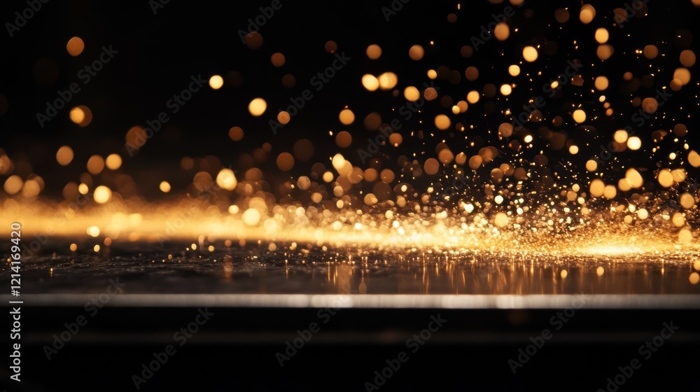 Poster golden particles floating gracefully and creating a mesmerizing bokeh effect on a dark surface, refl