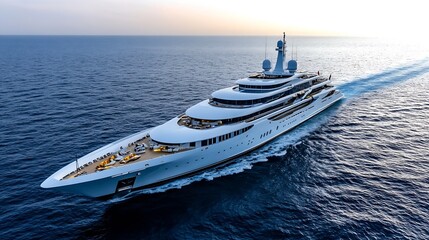 Majestic Superyacht Cruising at Sunset on the Open Ocean Waters : Generative AI
