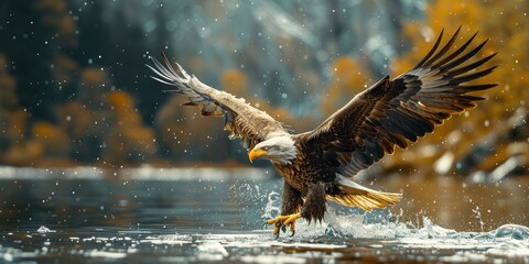 Bald Eagle in Flight Over a Watery Landscape