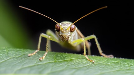 Fototapeta premium CloseUp Macro of a Green Grasshopper on a Leaf with a Dark Background : Generative AI