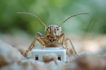 Fototapeta premium Curious longhorn beetle is perched atop a white usb charger in a natural, outdoor setting, showcasing the intersection of technology and nature