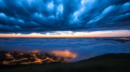 Dramatic Stormy Clouds Over Illuminated Town at Dusk Creating a Majestic Natural Phenomenon : Generative AI