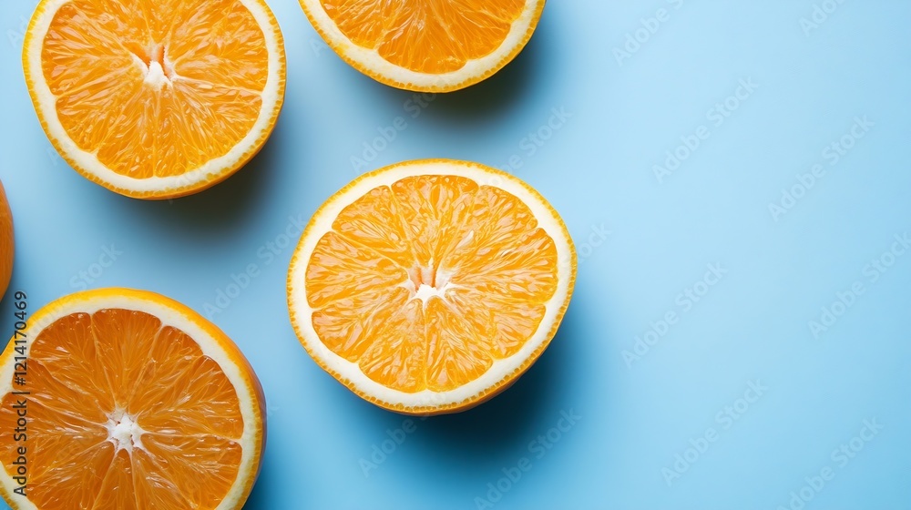 Poster freshly cut oranges on a vibrant blue background ready for refreshing food and beverage visuals : ge