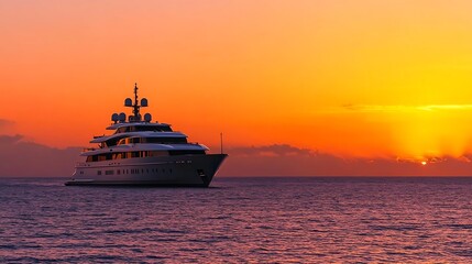 Obraz premium Luxury Yacht at Sunset on Calm Ocean Horizon Orange Sky : Generative AI