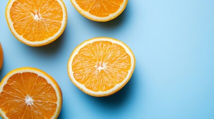 Fototapeta premium Freshly Cut Oranges on a Vibrant Blue Background Ready for Refreshing Food and Beverage Visuals : Generative AI