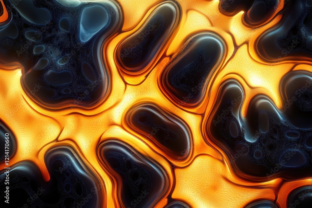 Poster Abstract pattern of flowing orange and black shapes with a glossy texture
