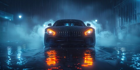 zoom Front view of a black car on a dark smok dark background