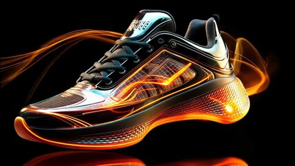 A dynamic light display highlights the futuristic design of innovative running shoes in a sleek urban environment