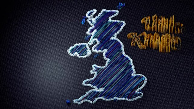 3D animation of an embroidered map of United Kingdom. The colorful threads and fabric are shown from various perspectives, with motion effects highlighting the details and the word United Kingdom.
