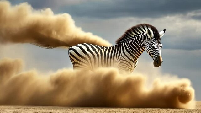 Majestic zebra galloping through clouds of dust in an open landscape during a dramatic sunset