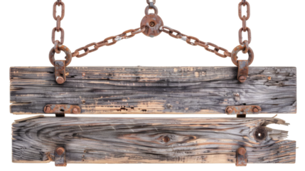 Weathered wooden sign hanging on a chain, isolated on white background