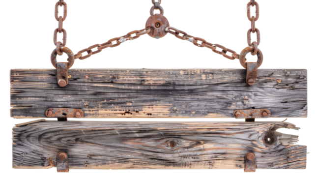 Weathered wooden sign hanging on a chain, isolated on white background