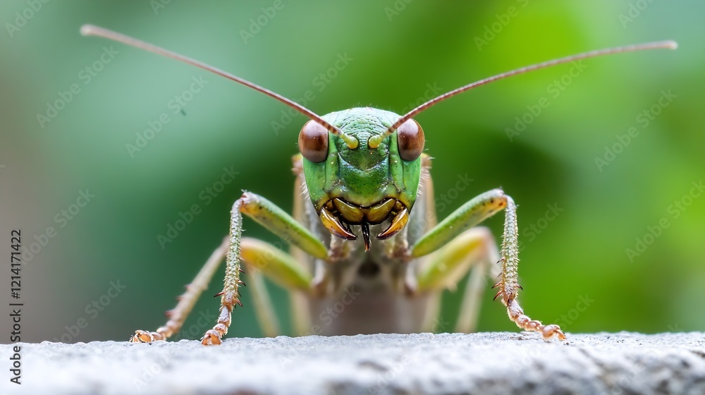 Poster Close Up of a Green Grasshopper with Intricate Features in Outdoor Setting : Generative AI