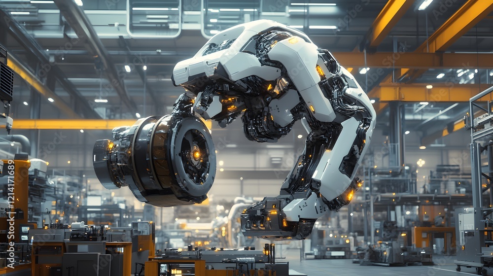 Poster advanced robotic arm manufacturing automobile engine component