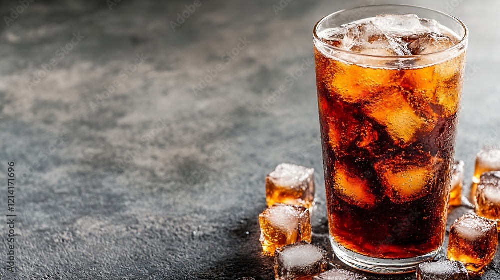 Poster iced cola drink with ice cubes on brick surface in refreshing setting : generative ai