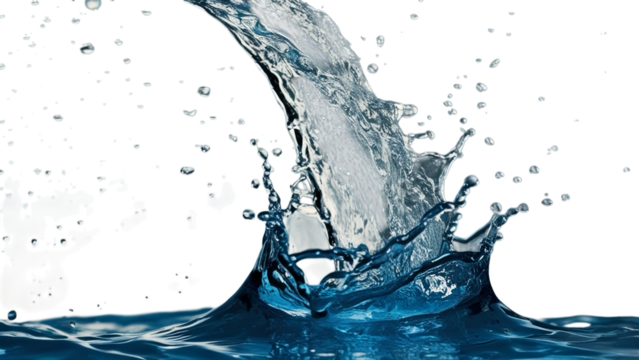 Create a photorealistic image of a dynamic water splash, capturing the intricate details of the droplets and the motion of the water as it arcs and falls