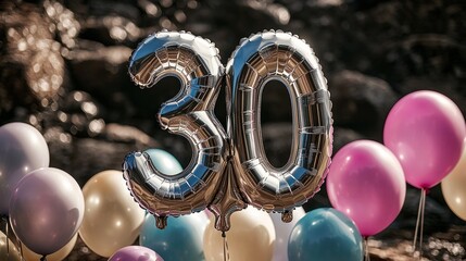 Shimmering Silver Balloons Celebrate a 30th Milestone in a Joyful Outdoor Setting