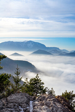 View of the Schneeberg in the Alps from the "kleine Kanzel" on the Hohe Wand nature park in Lower Austria in winter with fog in the valley