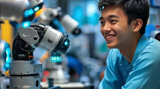 A young roboticist smiles while programming collaborative robots, amazed at how seamlessly they work alongside people