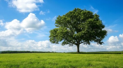 Fototapeta premium Vibrant solitary oak tree in lush green meadow under bright blue sky with fluffy white clouds : Generative AI
