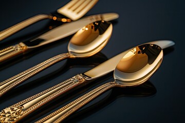 Detailed Color Picture of Gold Cutlery Set on Black Background