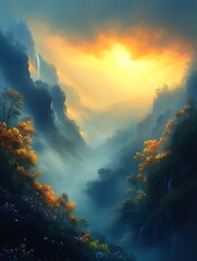 Fototapeta premium Misty sunset valley with waterfalls.